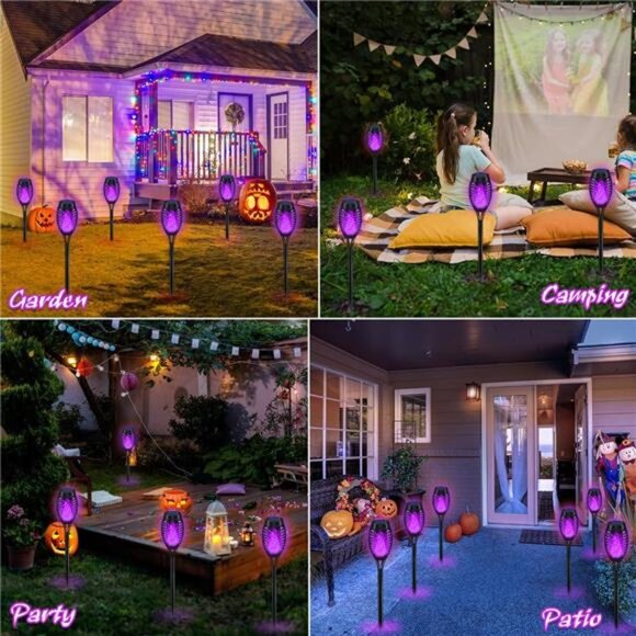 Halloween Solar Lights Outdoor Purple Flickering Flame Torch Yard Garden Patio D - Picture 2 of 7